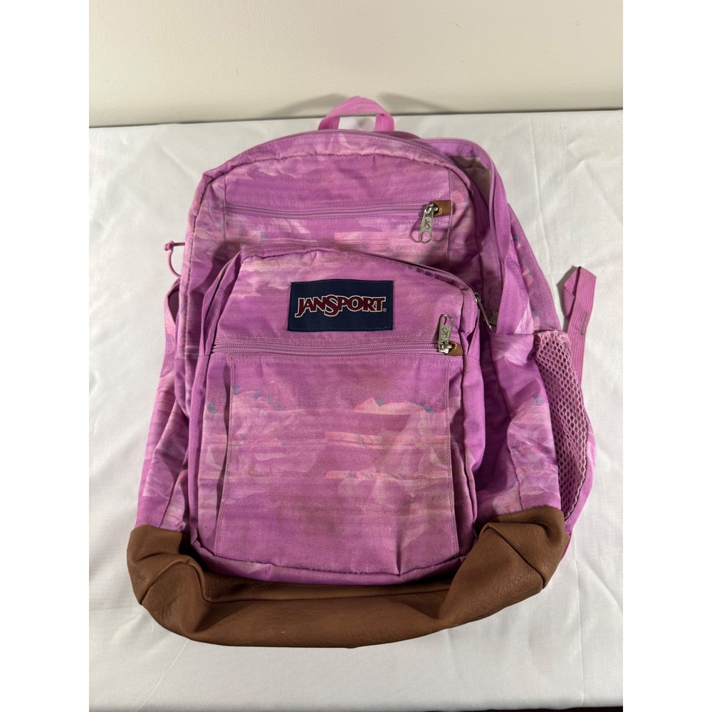 JanSport Backpack Purple Pink Tie Dye Leather Bottom Laptop Sleeve Mesh Pocket